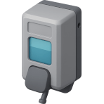 ¿Qué dispositivo de pared dispensa jabón líquido en baños públicos?